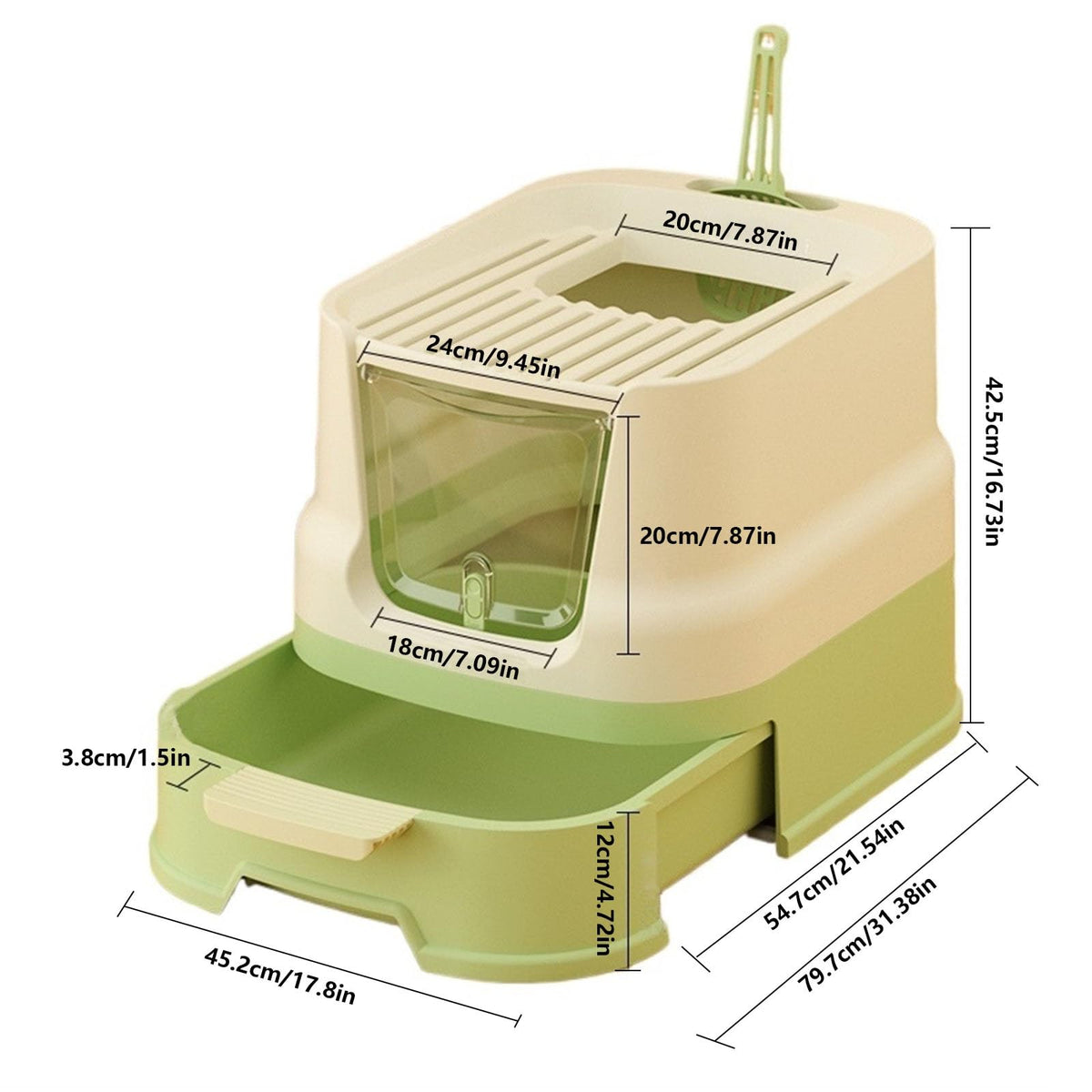 Cat Litter Box with Lid, Top Entry with Scoop, Enclosed Plastic with Drawer O980