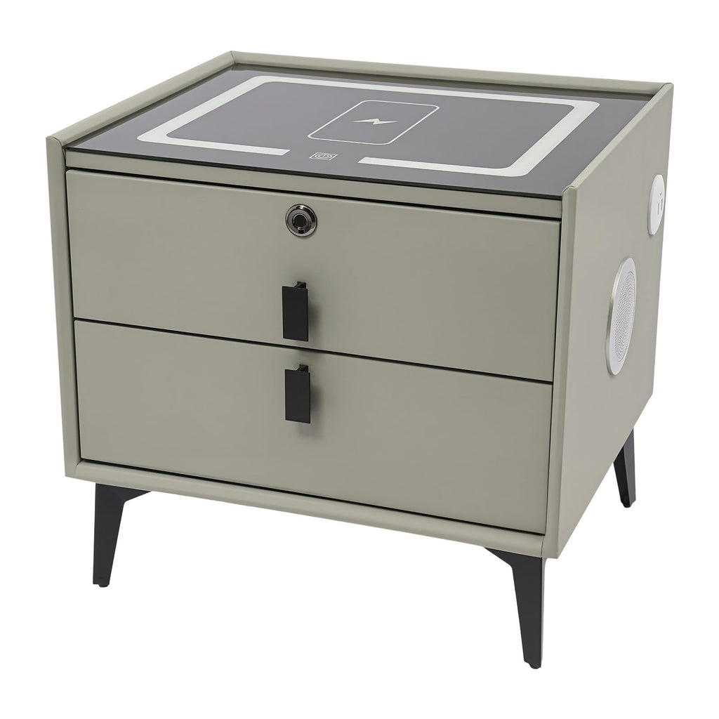 Light Gray Solid Wood Nightstand with Charging Station and 2 Drawers H636161