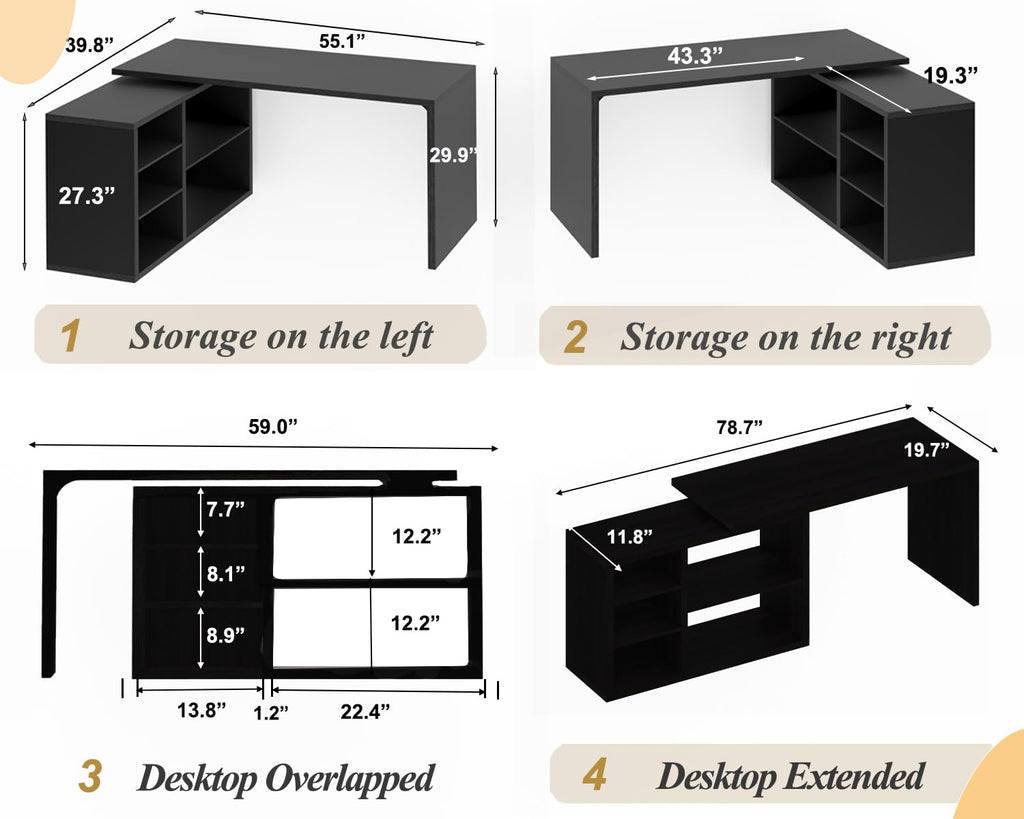 Black L Shaped Wood Computer Desk with Storage V6956