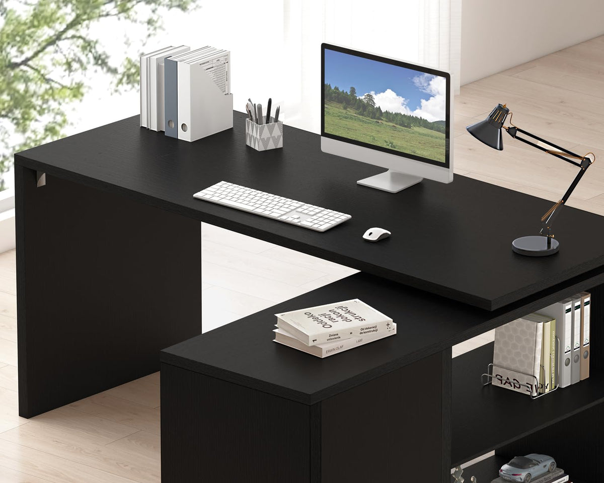 Black L Shaped Wood Computer Desk with Storage V6956