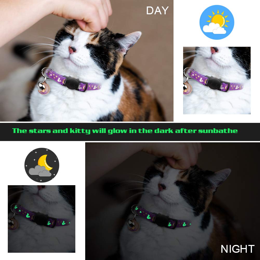 2PCS Breakaway Cat Collars with Bell Glow in The Dark Black Purple E618