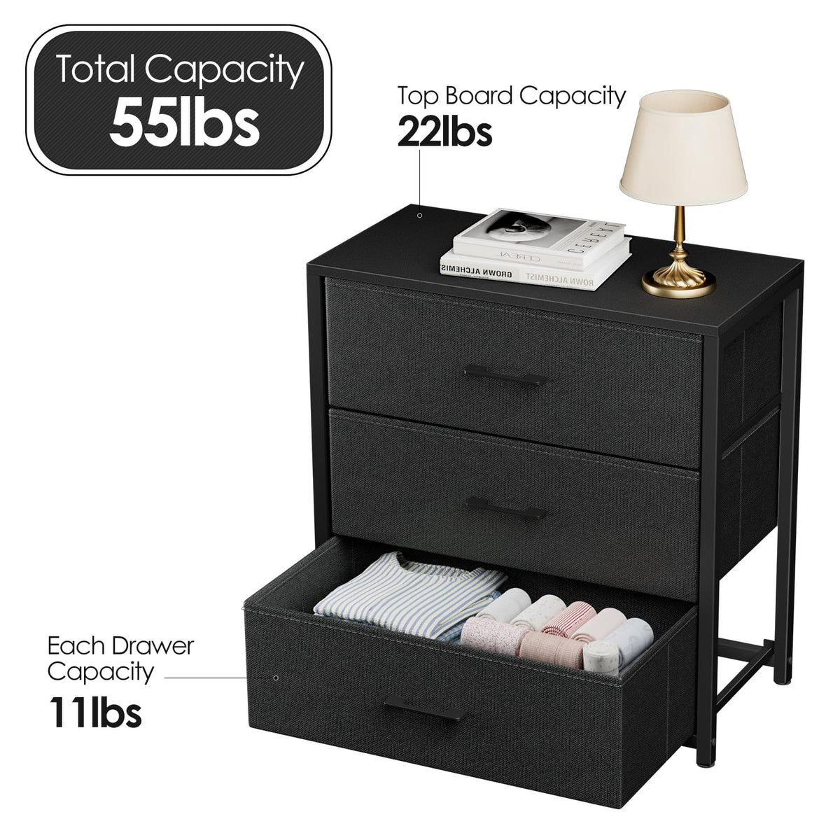 Black 3 Fabric Drawer Nightstand T77524