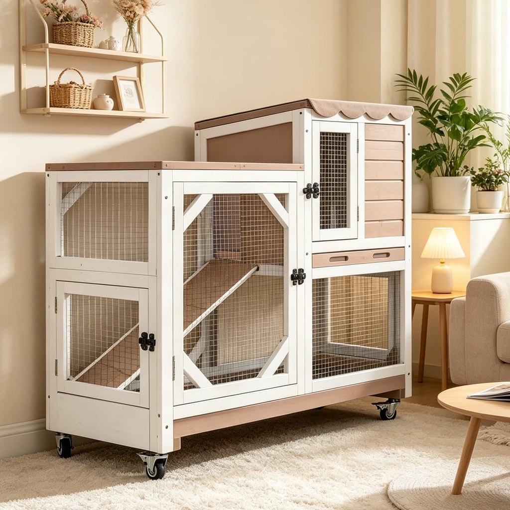 2 Story Wood Rabbit Hutch with Wheels E8195