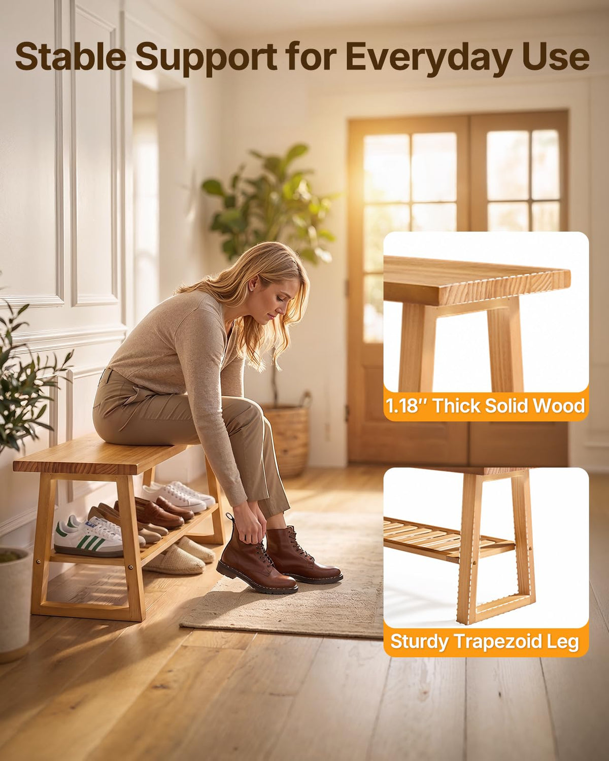 Pine Wood Entryway Bench with Shoe Storage Shelf C383