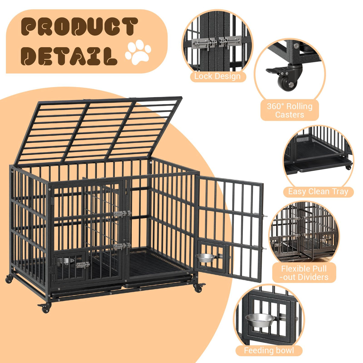 Heavy Duty Metal Dog Crate with Removable Tray and Wheels D5880