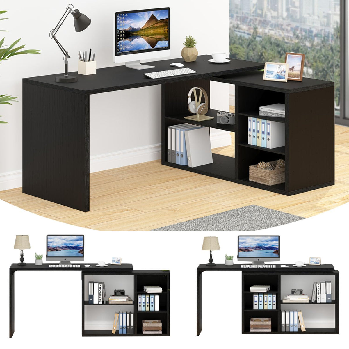 Black L Shaped Wood Computer Desk with Storage V6956