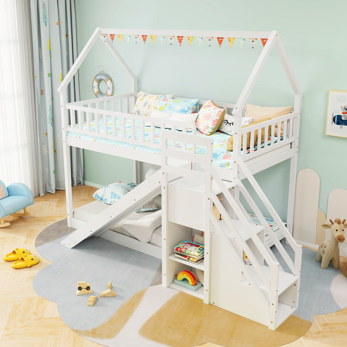 White Twin Over Twin Wood Bunk Bed with Slide and Stairs F3867