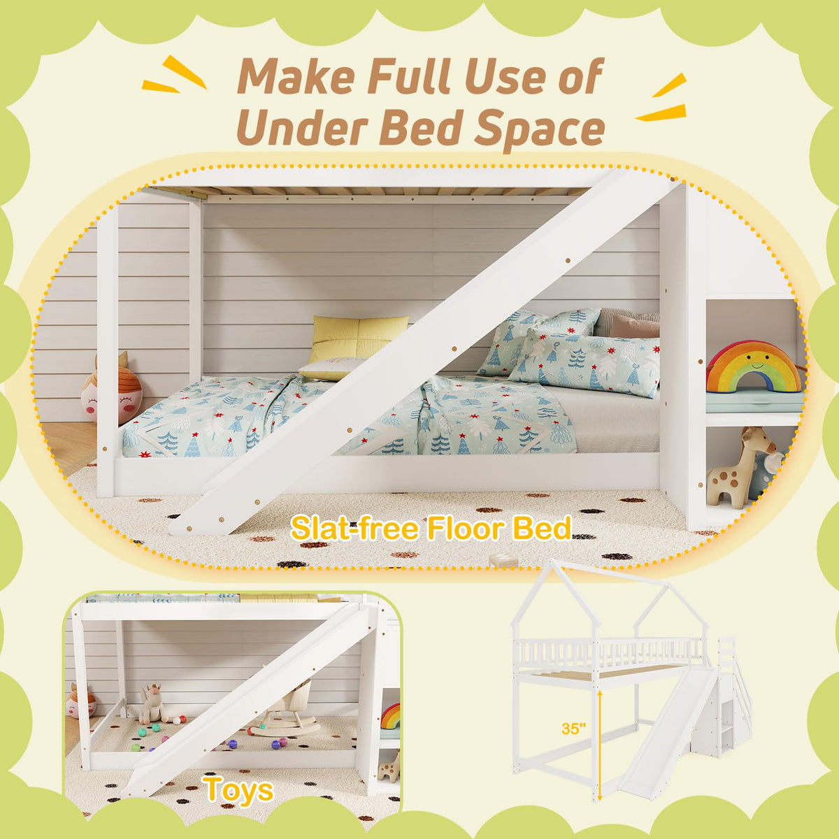 White Twin Over Twin Wood Bunk Bed with Slide and Stairs F3867