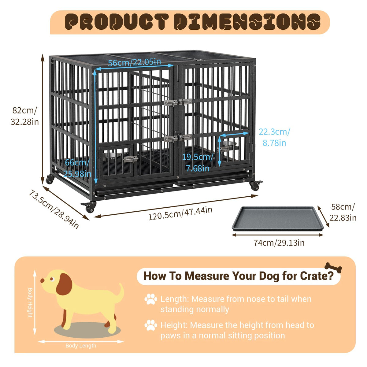 Heavy Duty Metal Dog Crate with Removable Tray and Wheels D5880