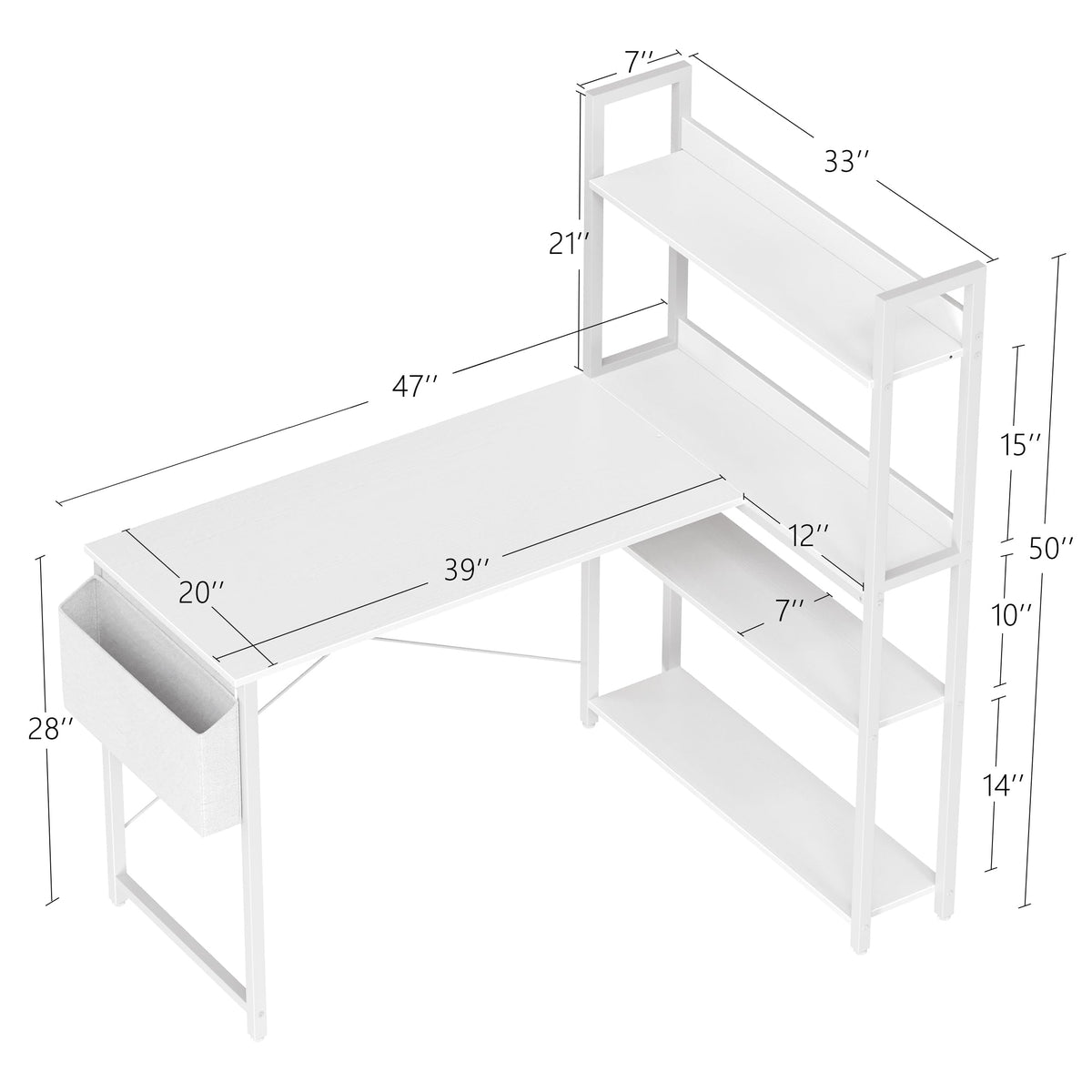 47 Inch White Computer Desk with Bookshelf A875979