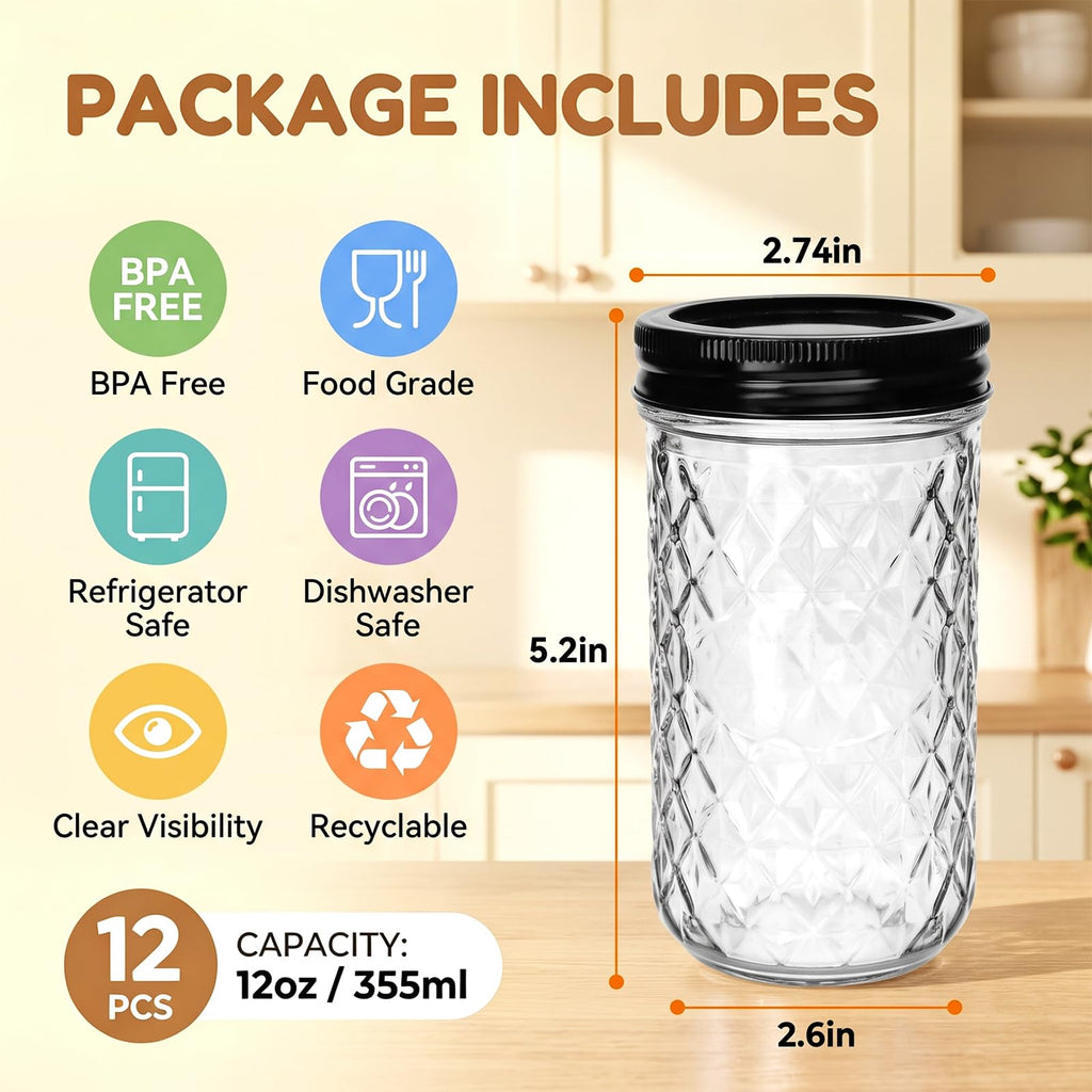 12 oz Mason Jars 12 Pack Regular Mouth Canning Jars with Black Lids G676052