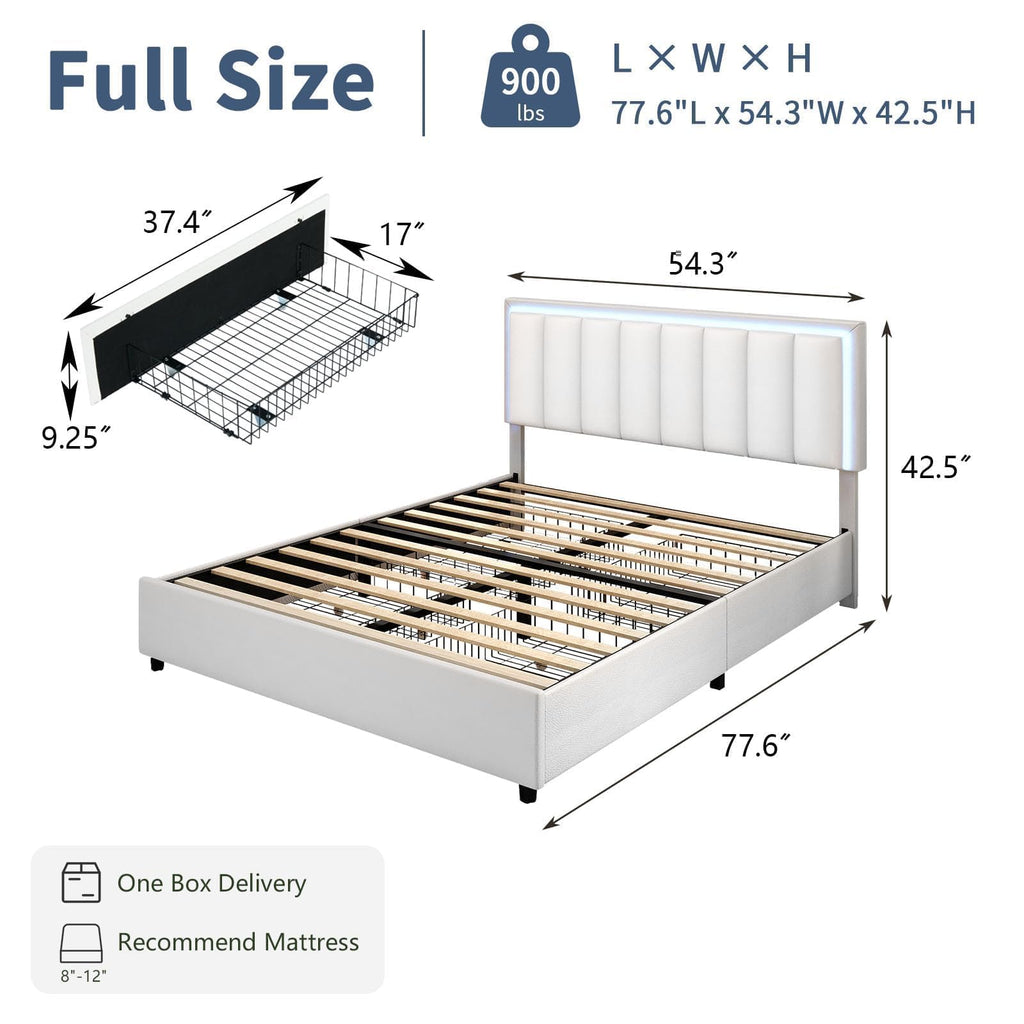White Faux Leather Upholstered Platform Bed Frame with Headboard and 4 Storage Drawers C38666