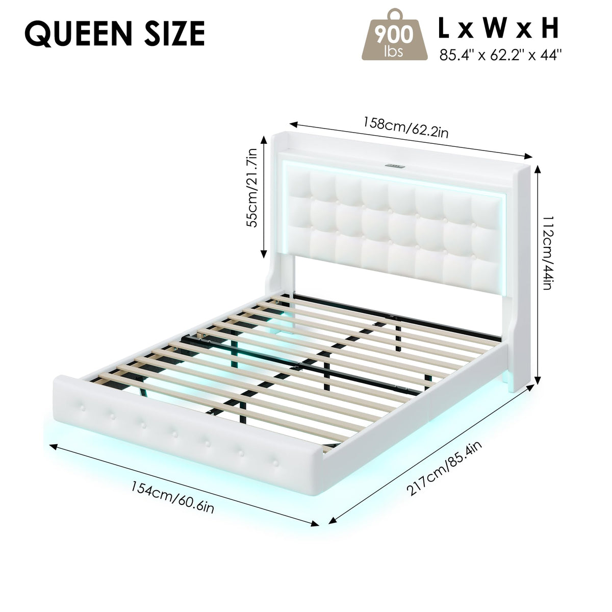 Queen Floating Bed Frame with Storage Headboard, LED Lights & Charging Station J55367