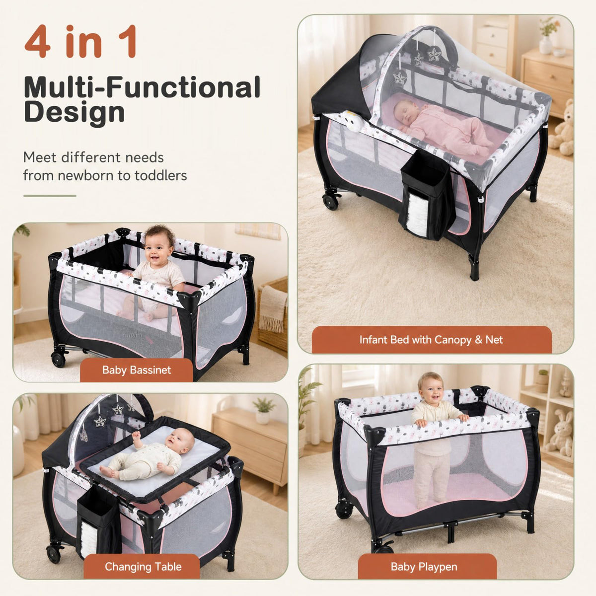 4 in 1 Portable Baby Playard with Bassinet and Changing Table W32580