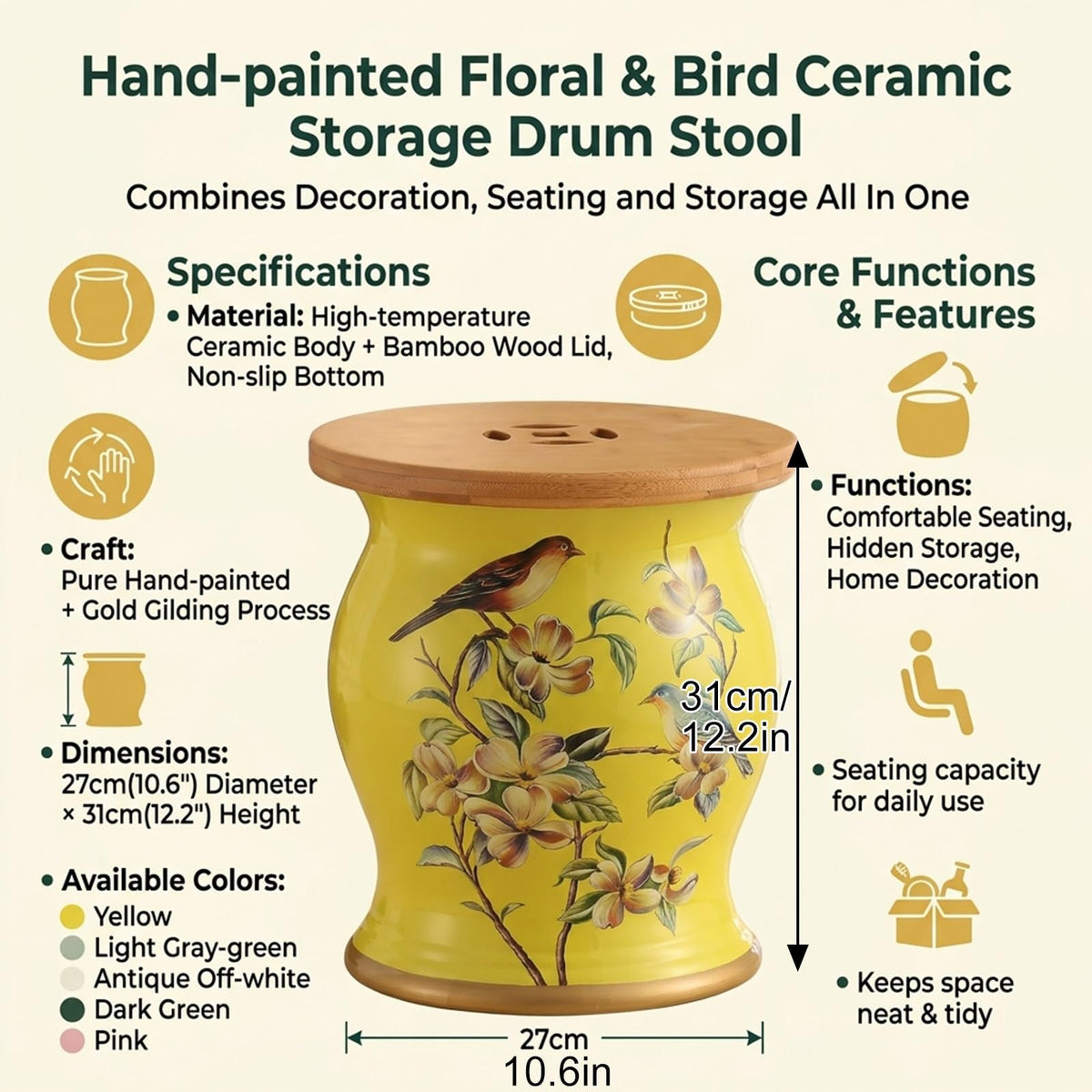 Glazed Hand-Painted Ceramic Drum Stool Z88897