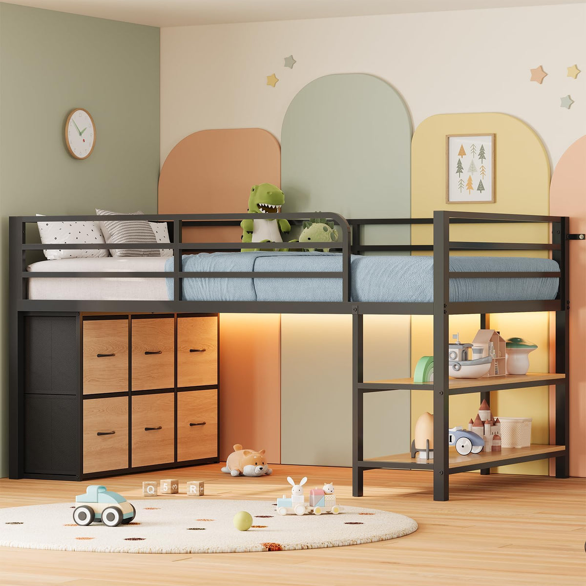 Twin Size Low Loft Bed with 6 Storage Drawers P1398