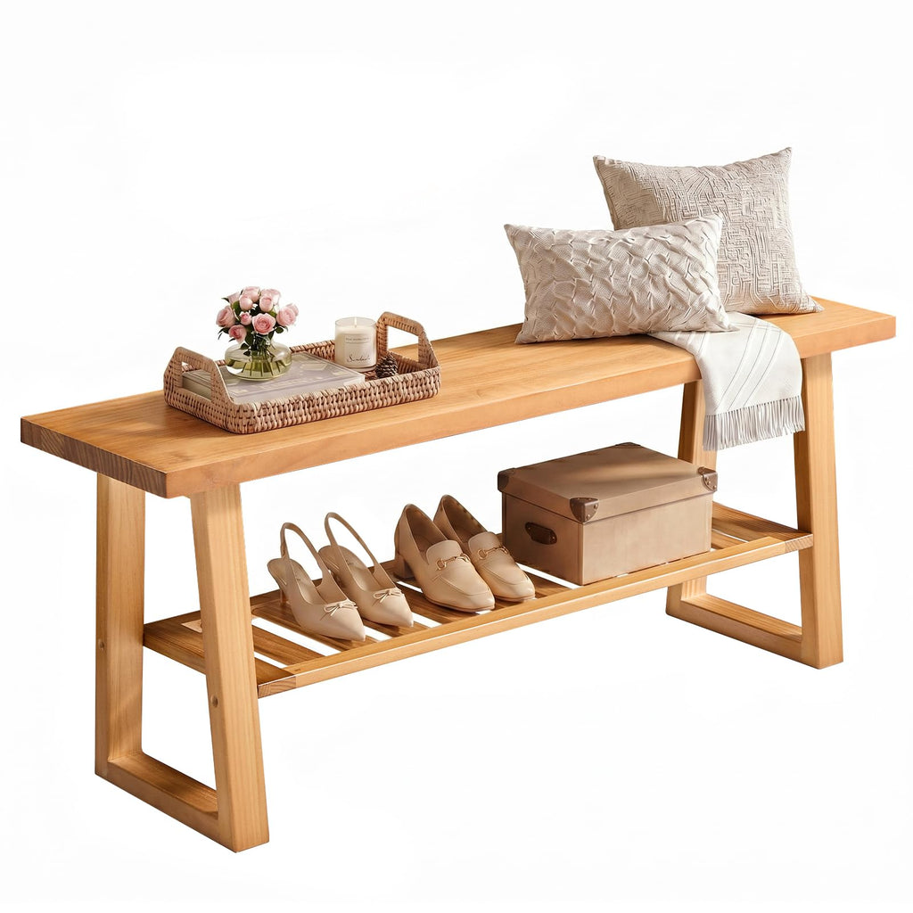 Pine Wood Entryway Bench with Shoe Storage Shelf C383