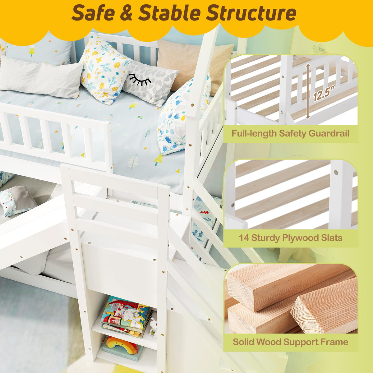 White Twin Over Twin Wood Bunk Bed with Slide and Stairs F3867