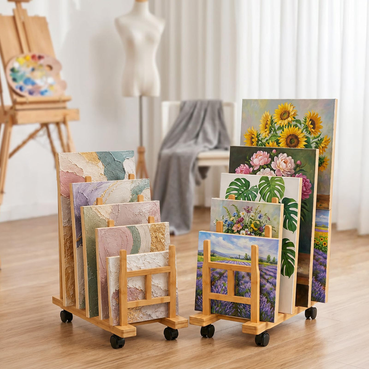 5 Slots Adjustable Bamboo Art Storage Drying Rack with Caster Wheel C122