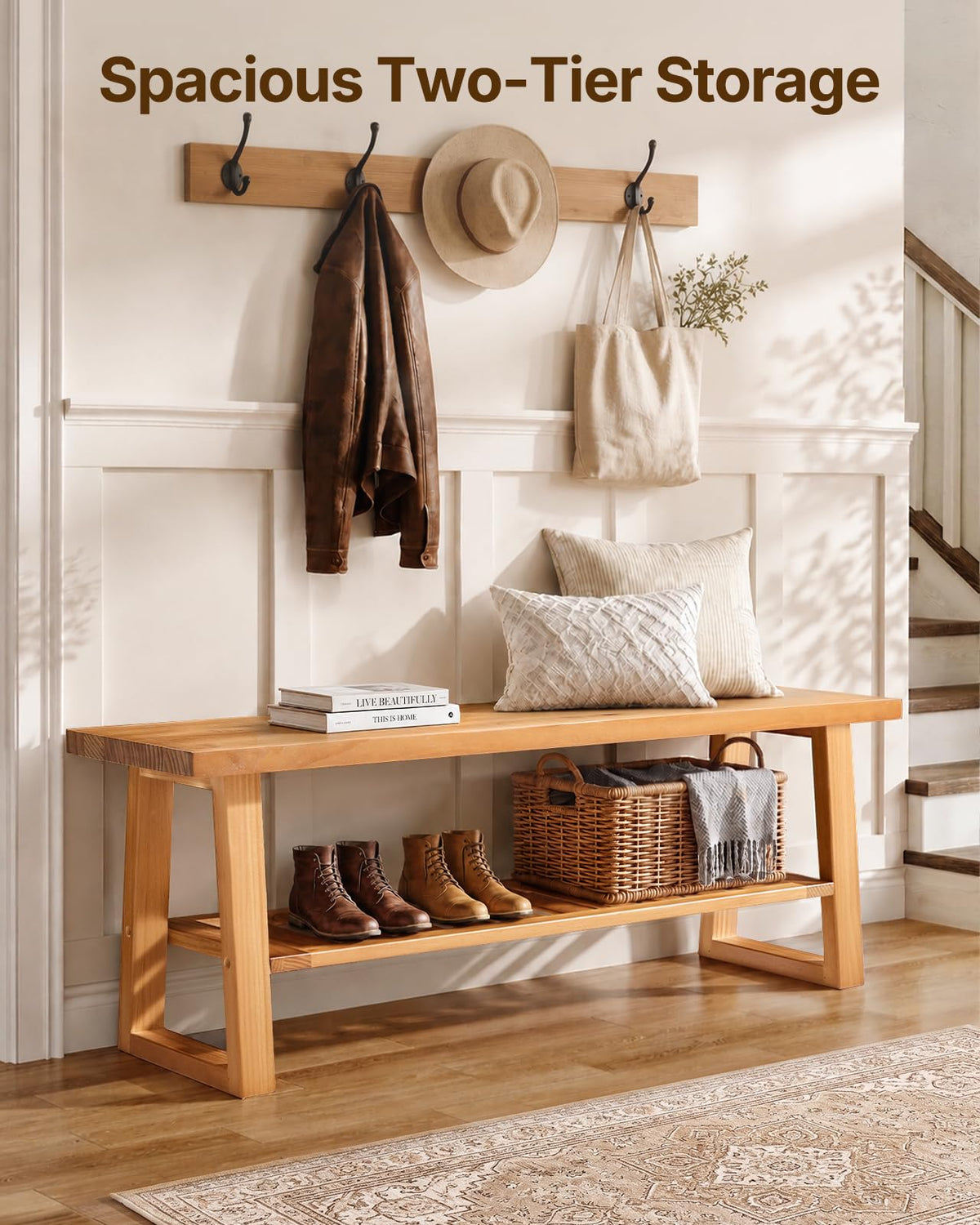 Pine Wood Entryway Bench with Shoe Storage Shelf C383