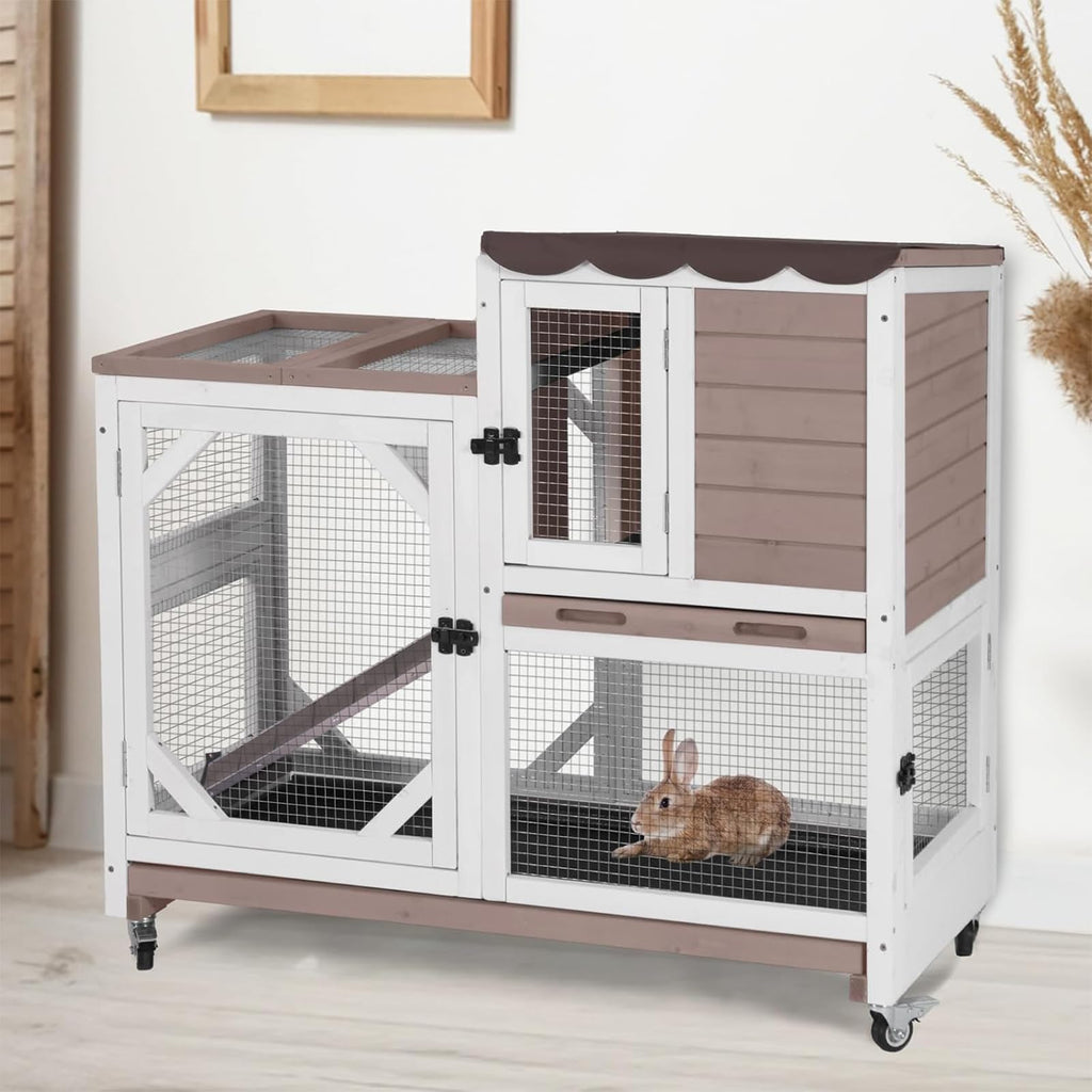 2 Story Wood Rabbit Hutch with Wheels E8195