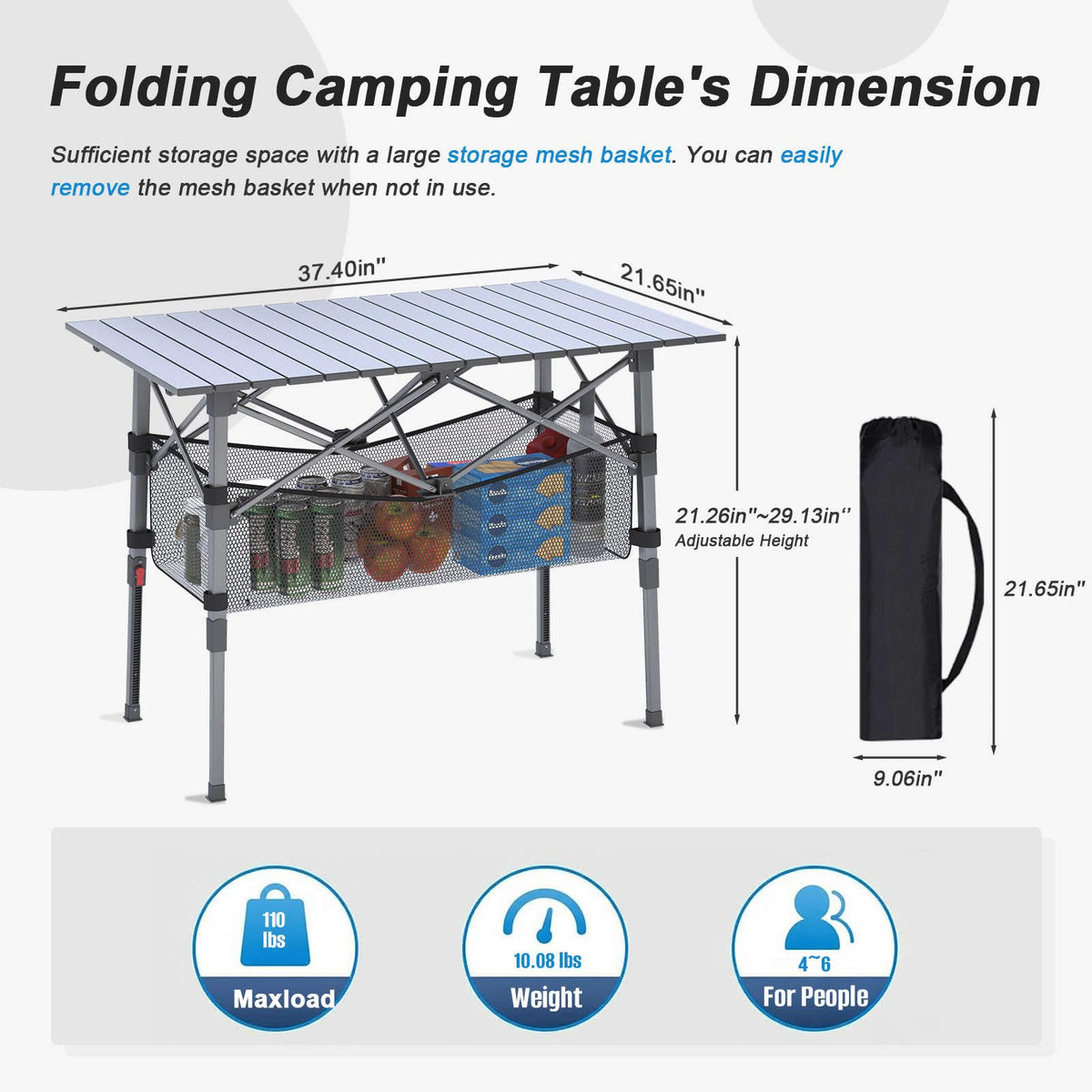 Portable Aluminum Folding Camping Table with Storage Basket R950