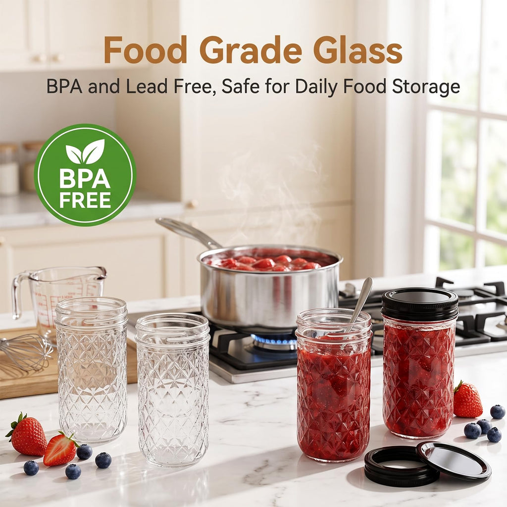 12 oz Mason Jars 12 Pack Regular Mouth Canning Jars with Black Lids G676052