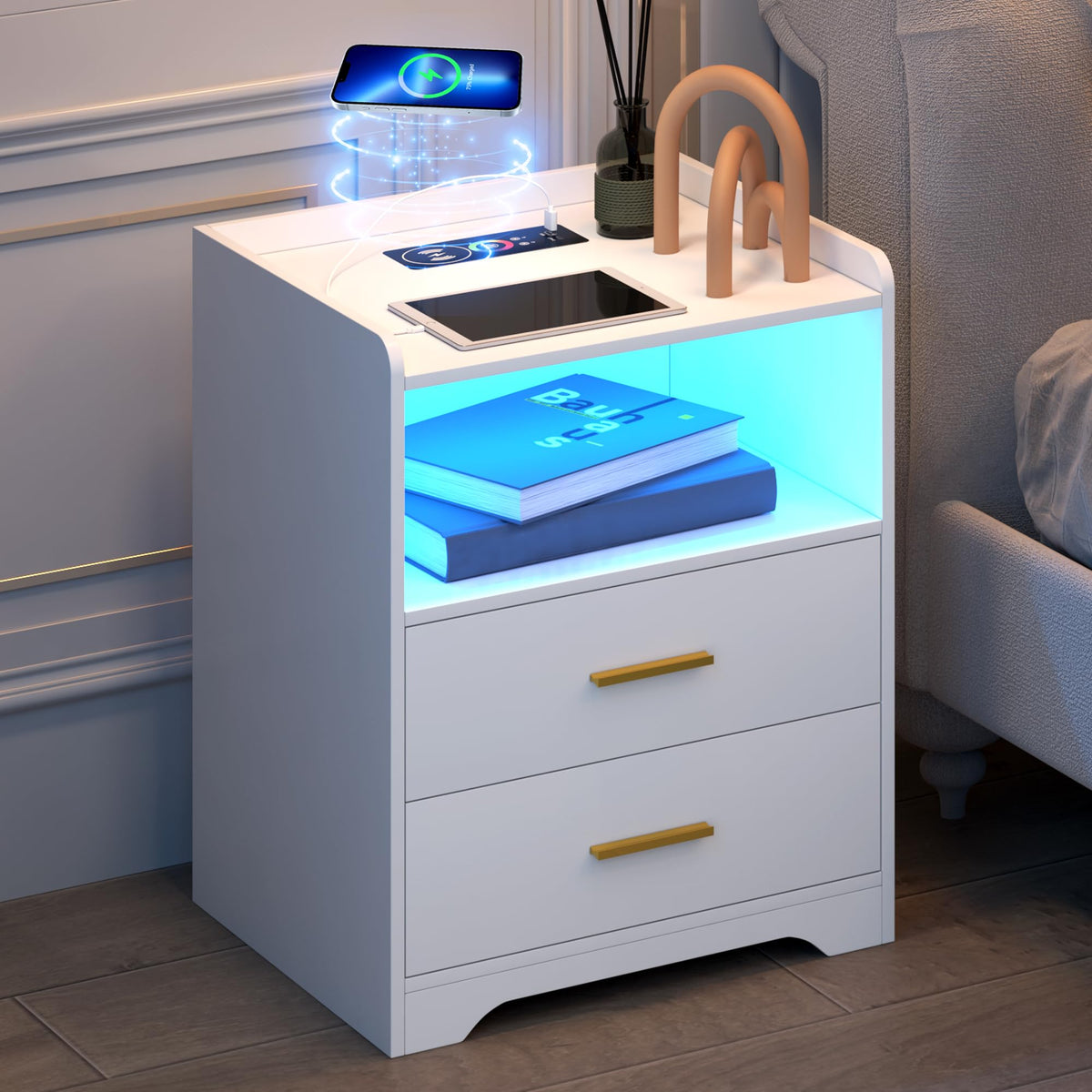 White Nightstand with Charging Station H852