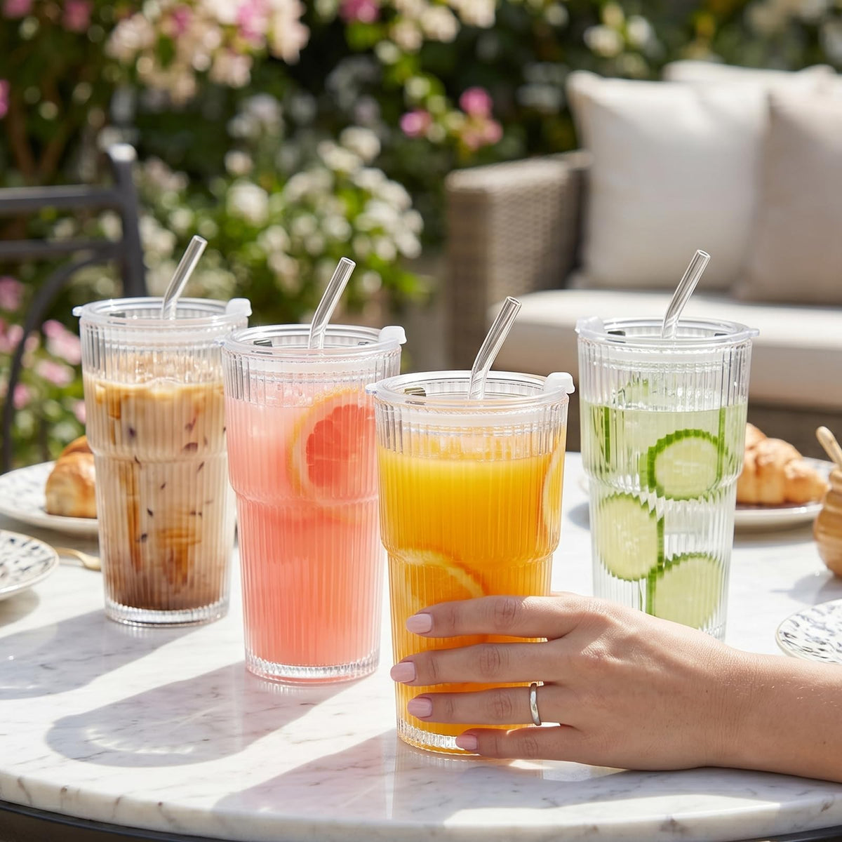 20oz Ribbed Glass Cups with Lids and Straws, Set of 4 H98867