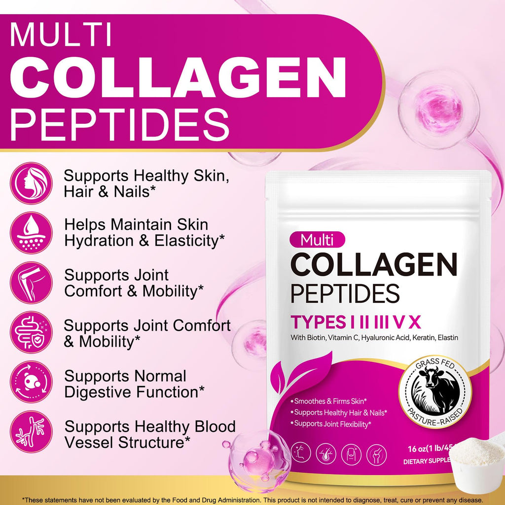 Multi Collagen Peptides Powder Types I II III V X 16 Oz Hydrolyzed with Biotin Unflavored E690