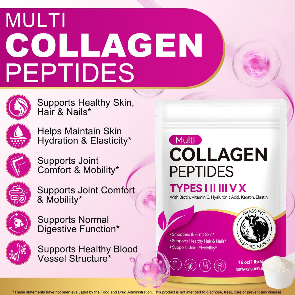 Multi Collagen Peptides Powder Types I II III V X 16 Oz Hydrolyzed with Biotin Unflavored E690
