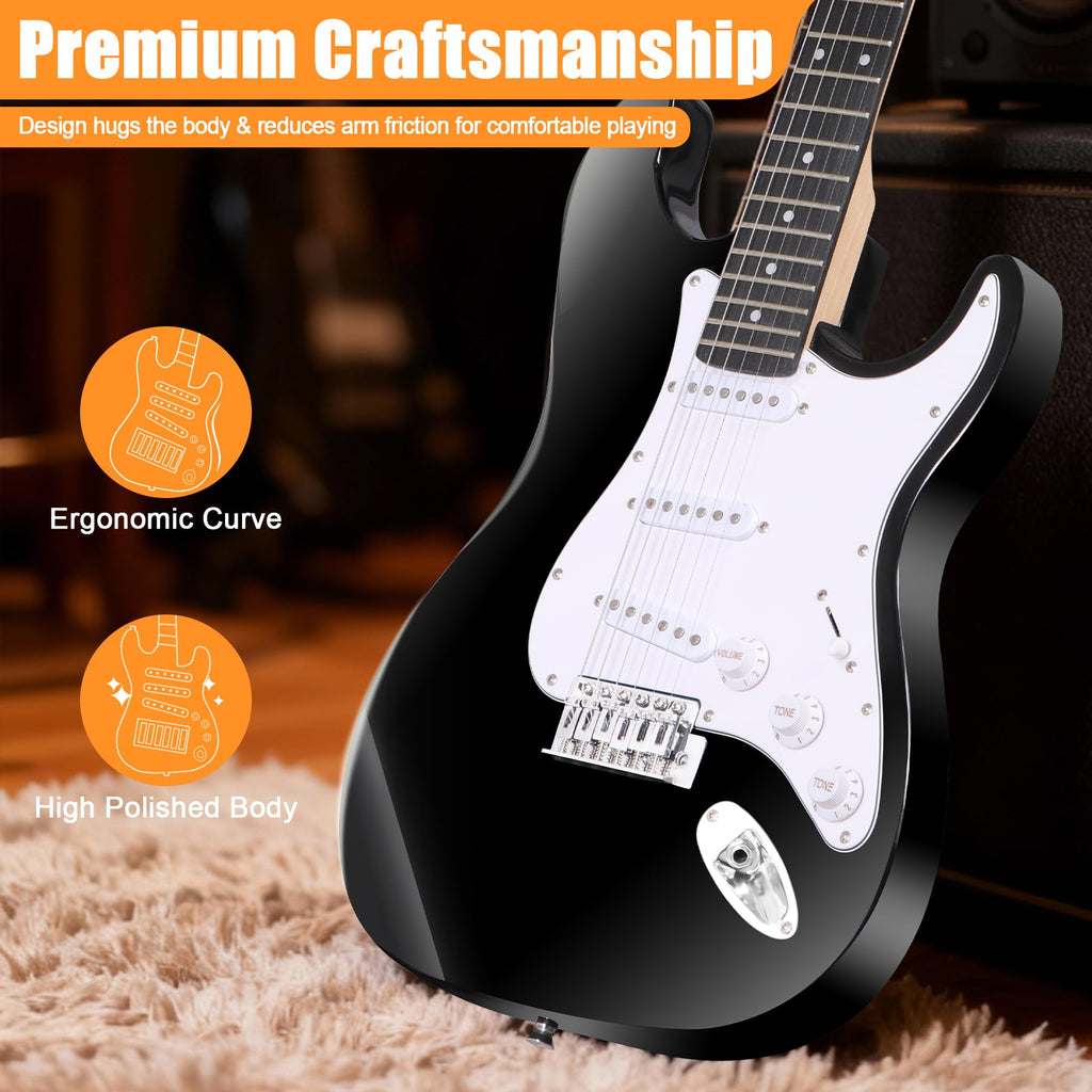 39in Full Size Electric Guitar with 10W Amp, Case and Accessories Pack, Black D205340