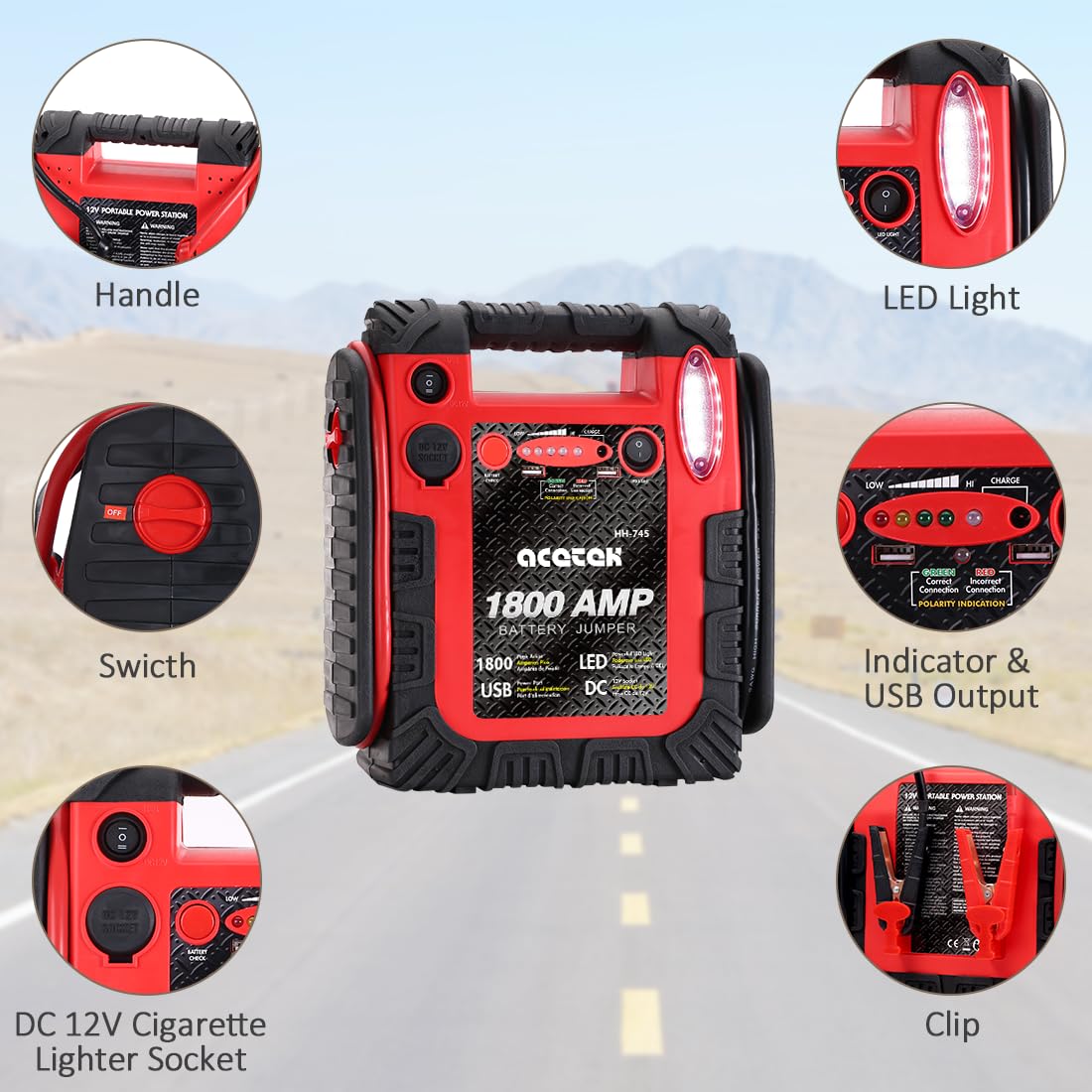 1800A Peak Car Jump Starter, 20000mAh Battery Booster, 12V Portable Power Bank with LED Light X366088