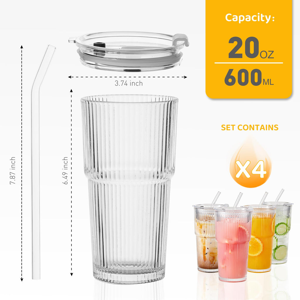 20oz Ribbed Glass Cups with Lids and Straws, Set of 4 H98867