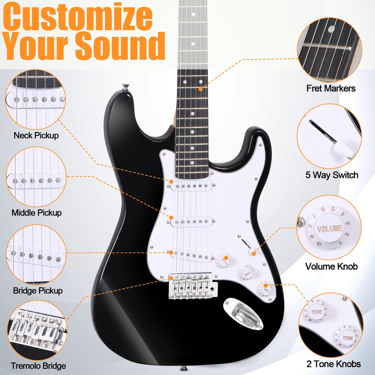 39in Full Size Electric Guitar with 10W Amp, Case and Accessories Pack, Black D205340