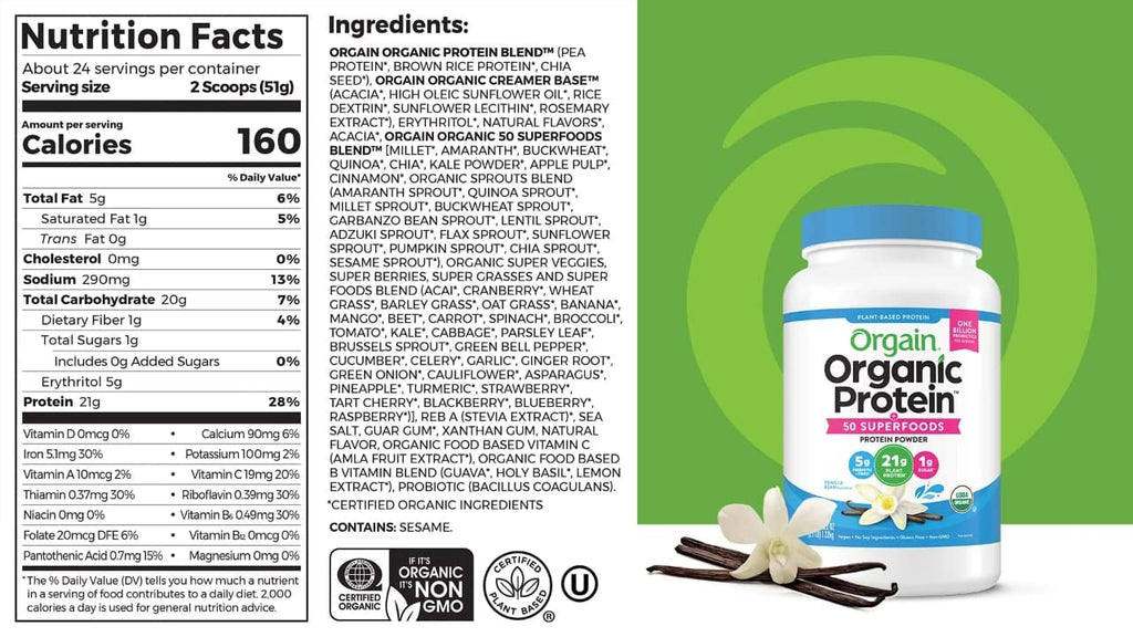 Organic Plant Based Protein Powder Vanilla Bean 2.74 Pound L647