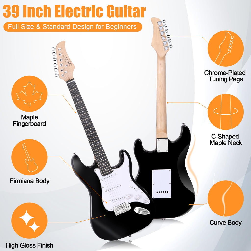39in Full Size Electric Guitar with 10W Amp, Case and Accessories Pack, Black D205340