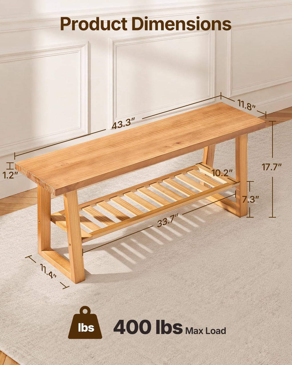 Pine Wood Entryway Bench with Shoe Storage Shelf C383