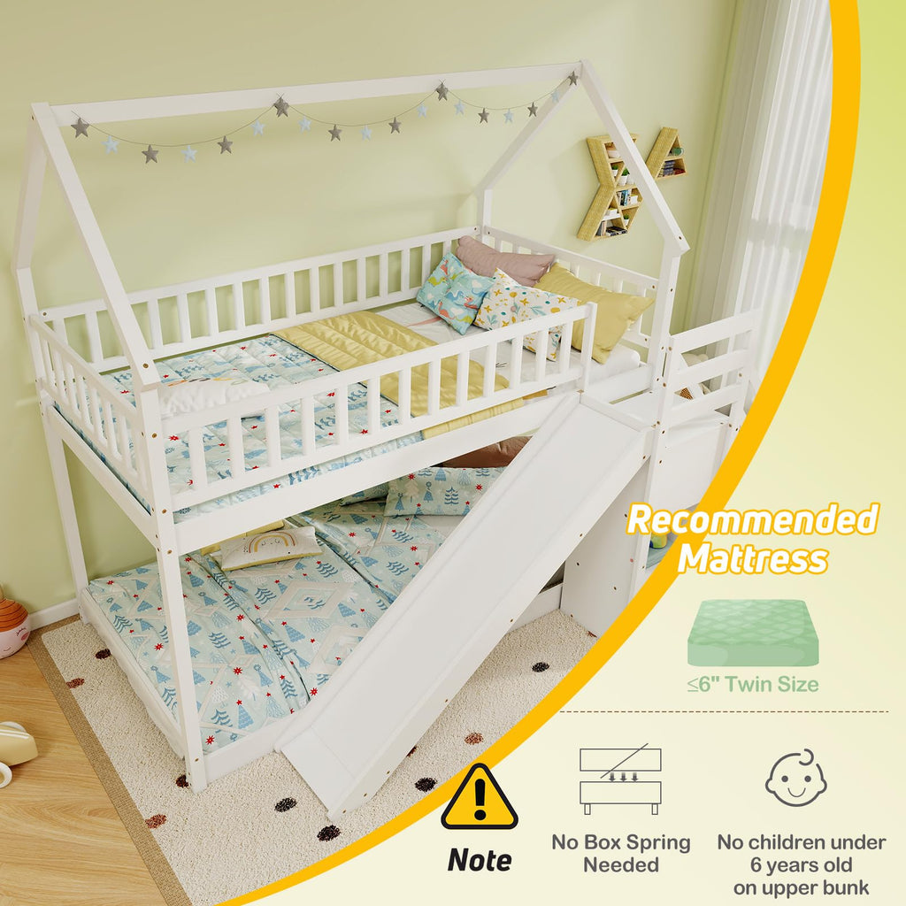White Twin Over Twin Wood Bunk Bed with Slide and Stairs F3867