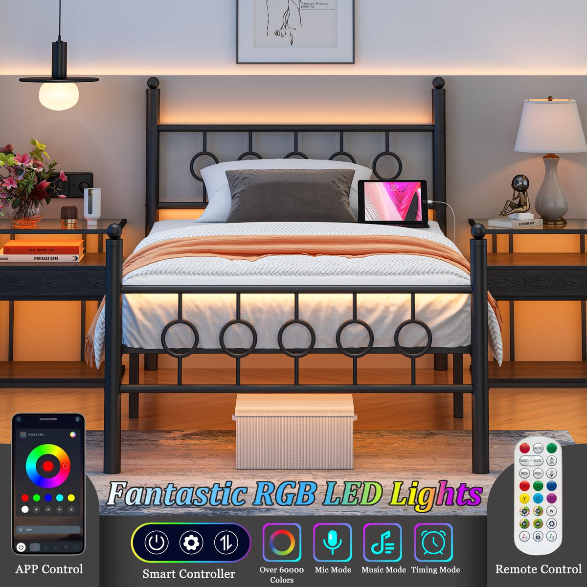 Black Twin Metal Platform Bed Frame with Headboard M1377