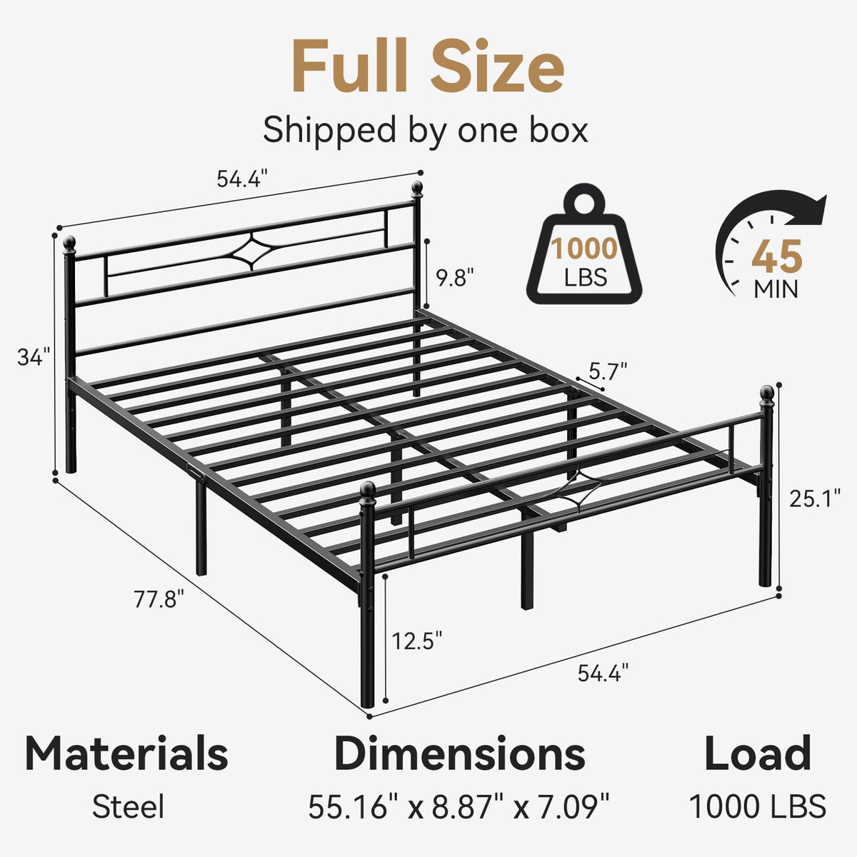 Full Size Black Metal Bed Frame with Headboard and Footboard U978122
