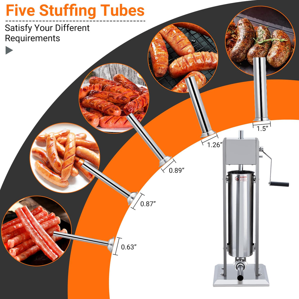 Manual 15LBS Stainless Steel Sausage Stuffer with 5 Stuffing Tubes S631