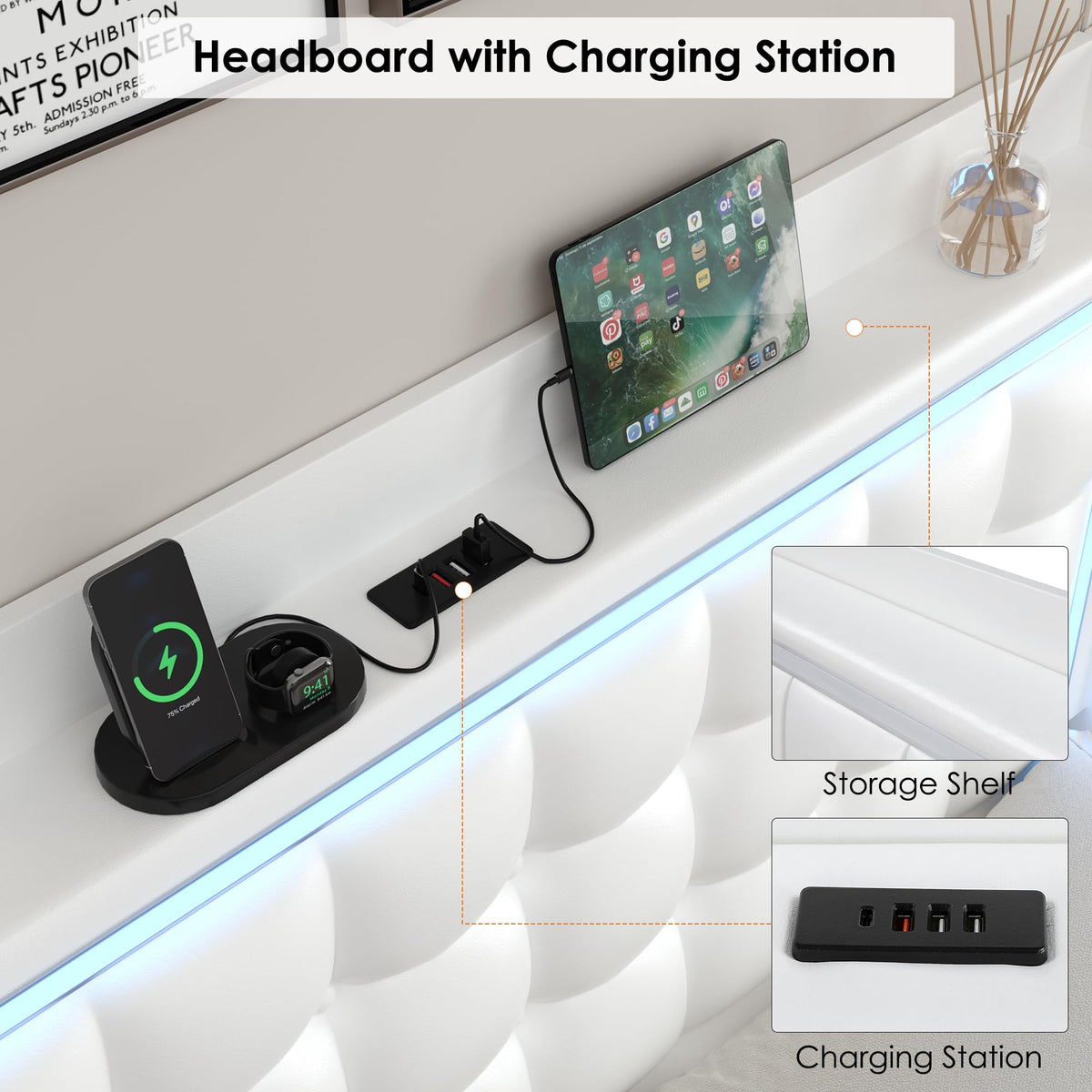 Queen Floating Bed Frame with Storage Headboard, LED Lights & Charging Station J55367