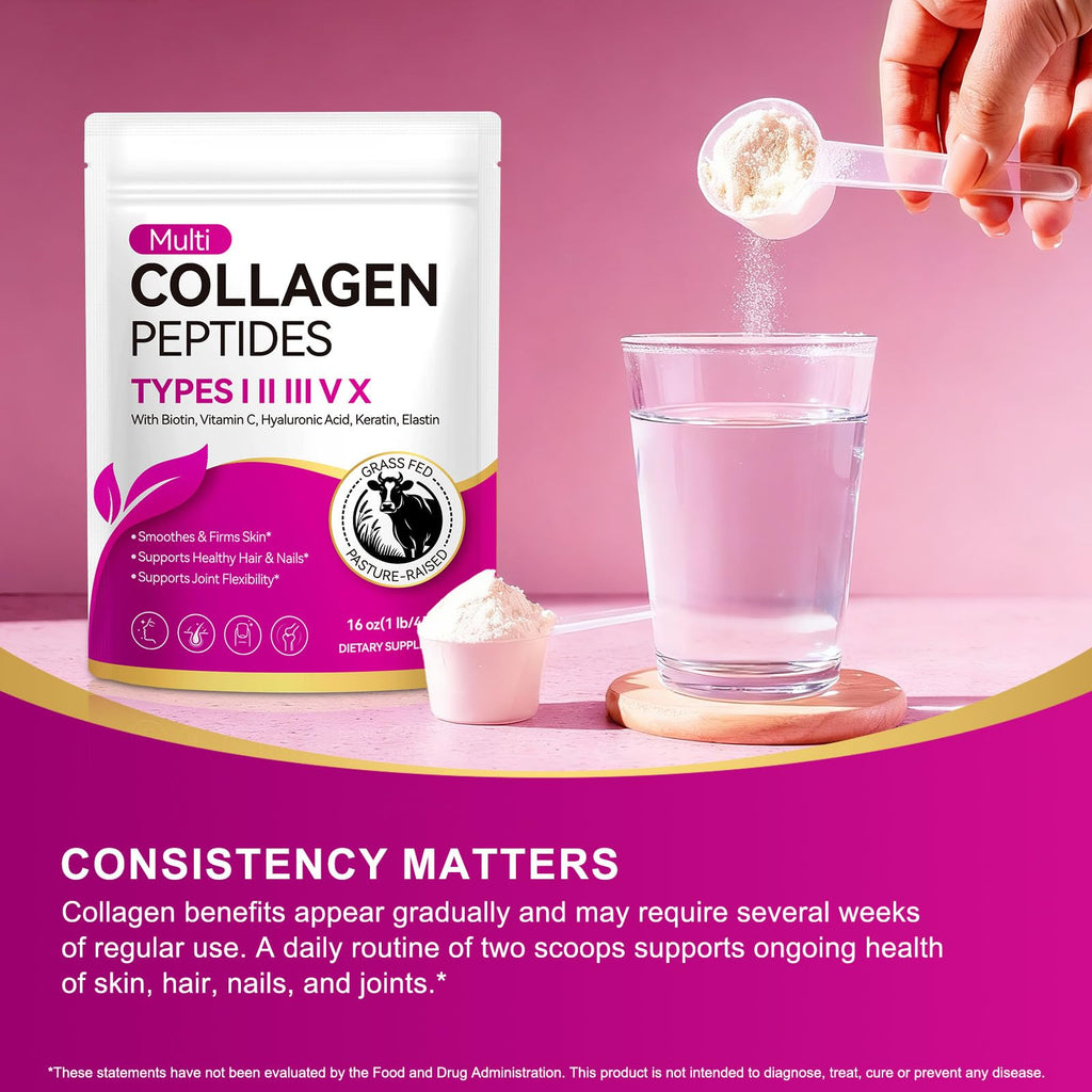Multi Collagen Peptides Powder Types I II III V X 16 Oz Hydrolyzed with Biotin Unflavored E690