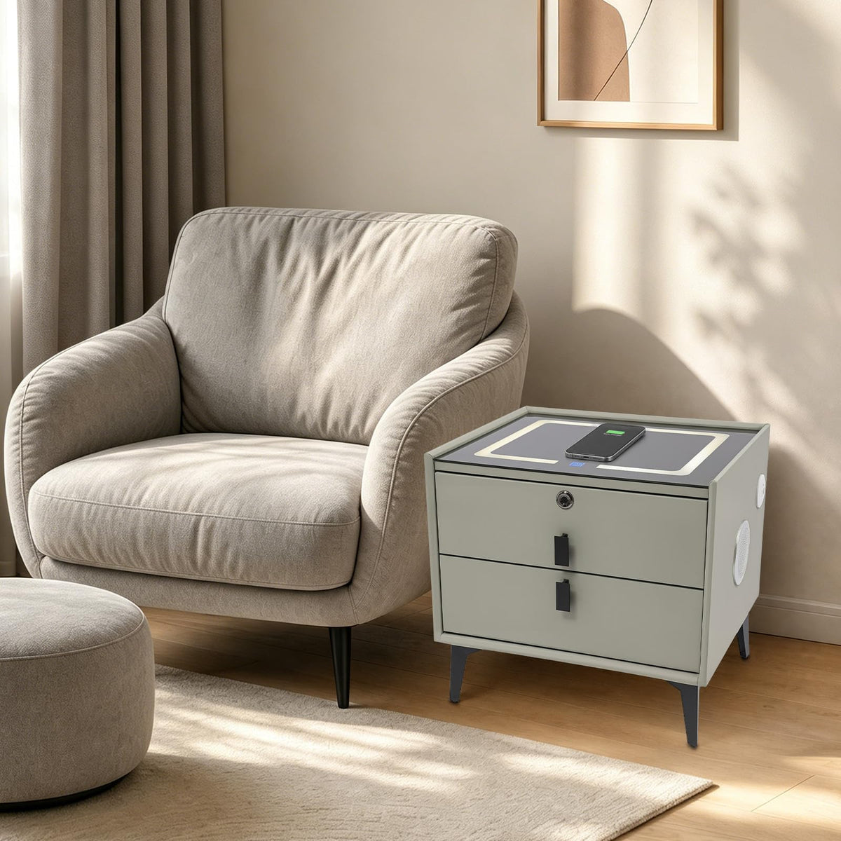 Light Gray Solid Wood Nightstand with Charging Station and 2 Drawers H636161