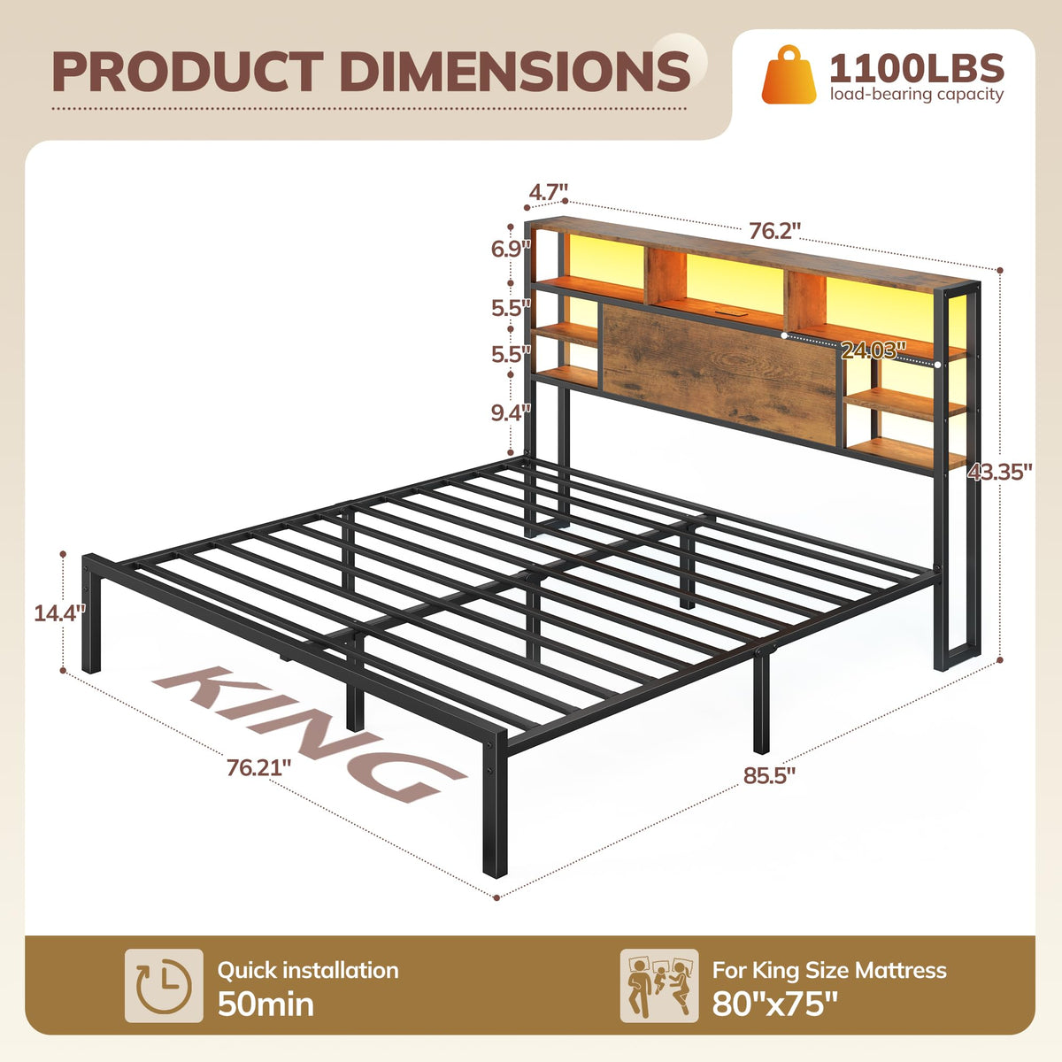 King Bed Frame with Storage Headboard and Charging Station G795