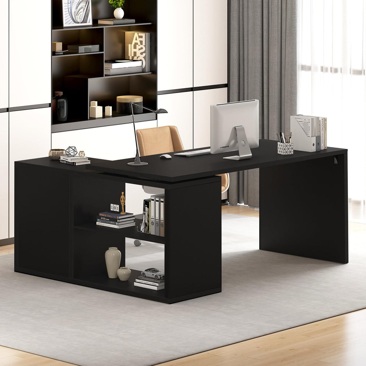 Black L Shaped Wood Computer Desk with Storage V6956