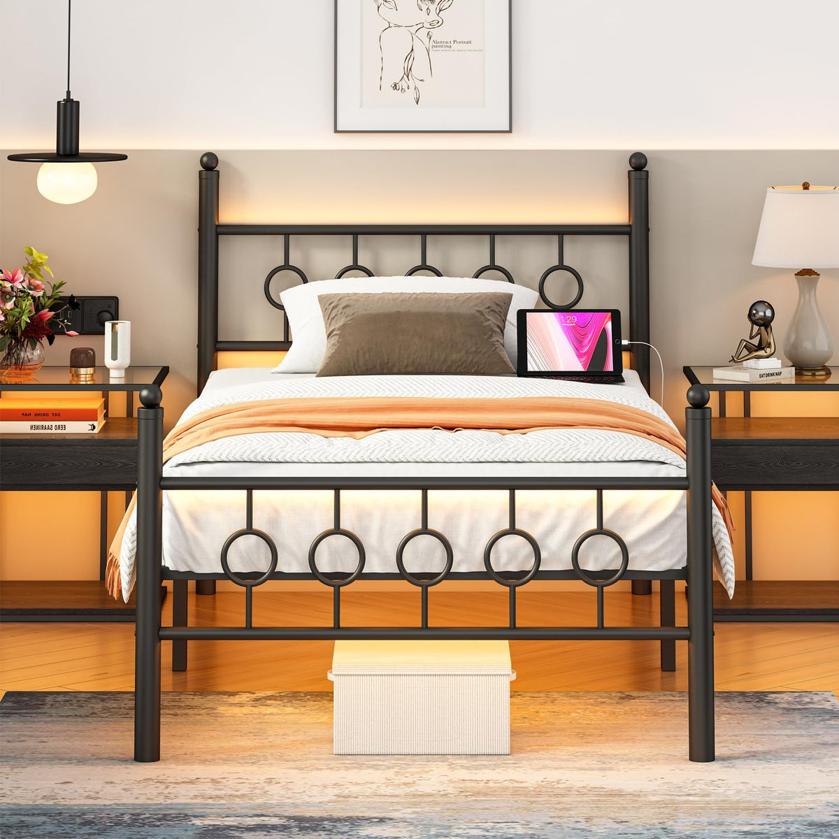 Black Twin Metal Platform Bed Frame with Headboard M1377