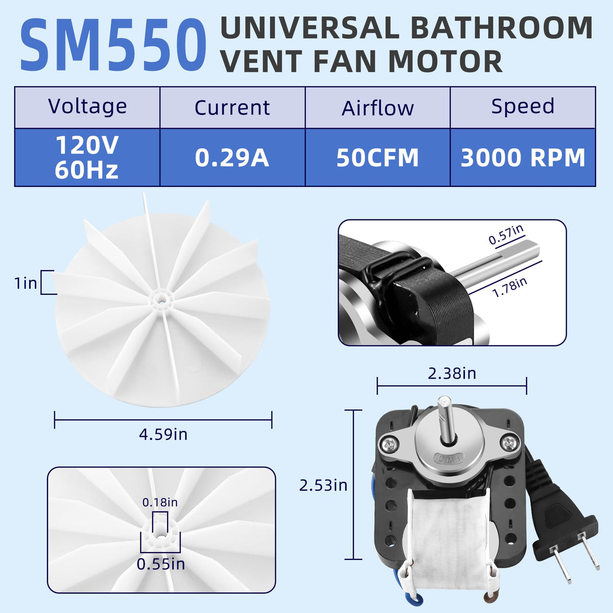 Universal Bathroom Exhaust Fan Motor 50 CFM 120V K116