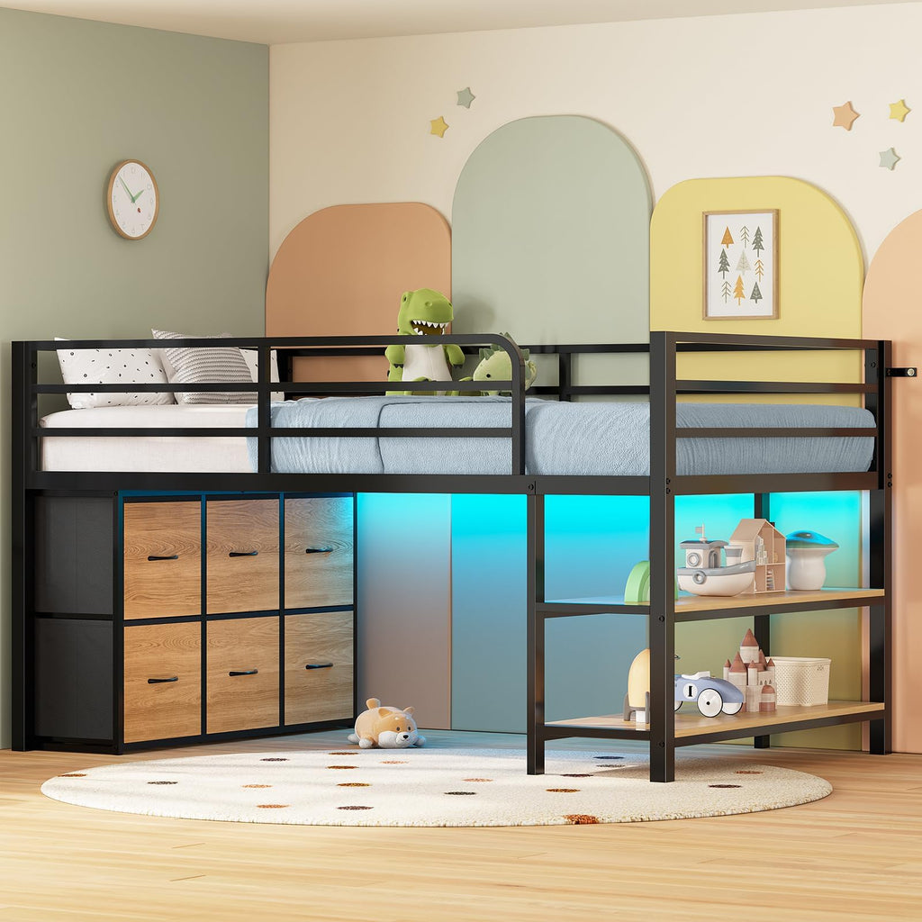 Twin Size Low Loft Bed with 6 Storage Drawers P1398
